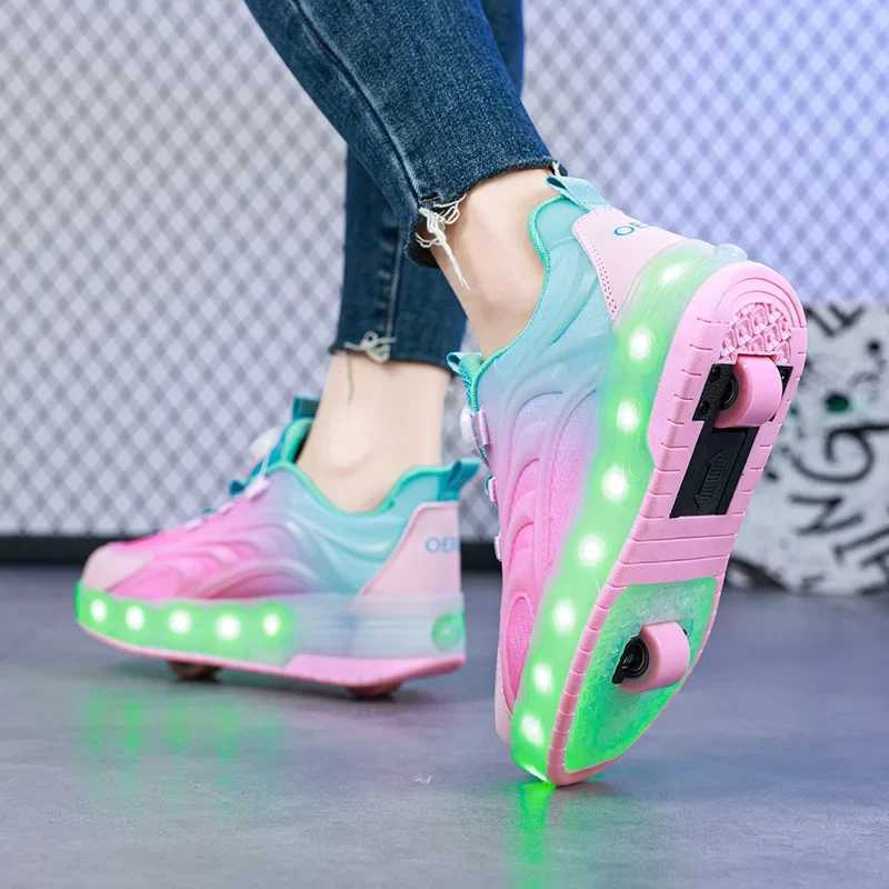 Two wheeled childrens LED roller skateboard shoes suitable for children boys girls luminous sports shoes skateboard USB charging W250407