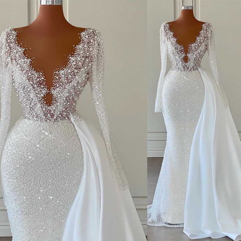 Crystals Mermaid Elegant Wedding Dresses With Sparkling Sequins Detachable Train Backless Party Plus Size Custom Made vestido de novia