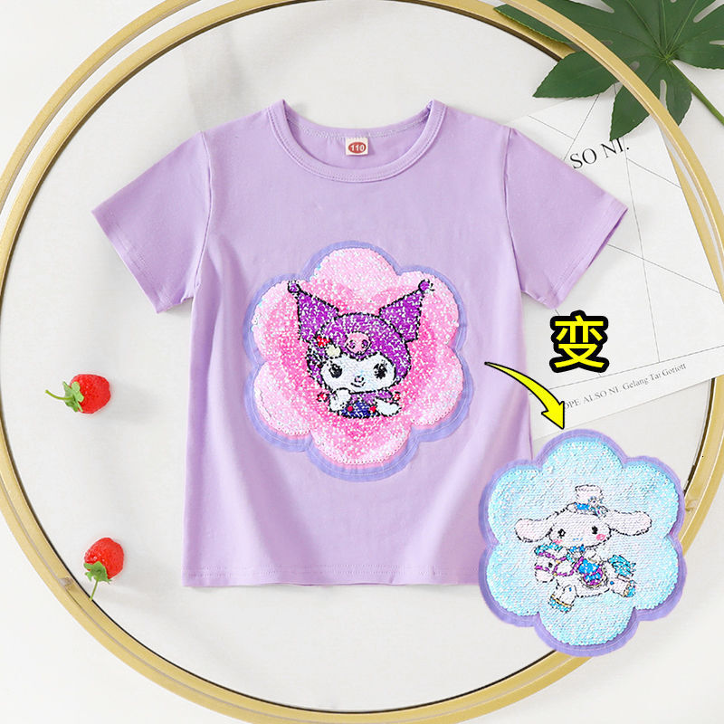 Ddmyshoesvip Short Sleeved Korean T Shirt Summer New Yugui Dog Color Change Kuromi Glitter Girls Internet Celebrity Top