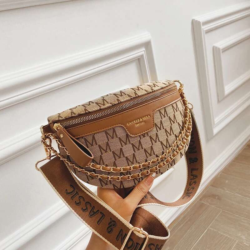 Fashion Pattern Fanny Packs For Women Stylish Letter Printed Chain Female Waist Pack Wide Strap Crossbody Bag Ll