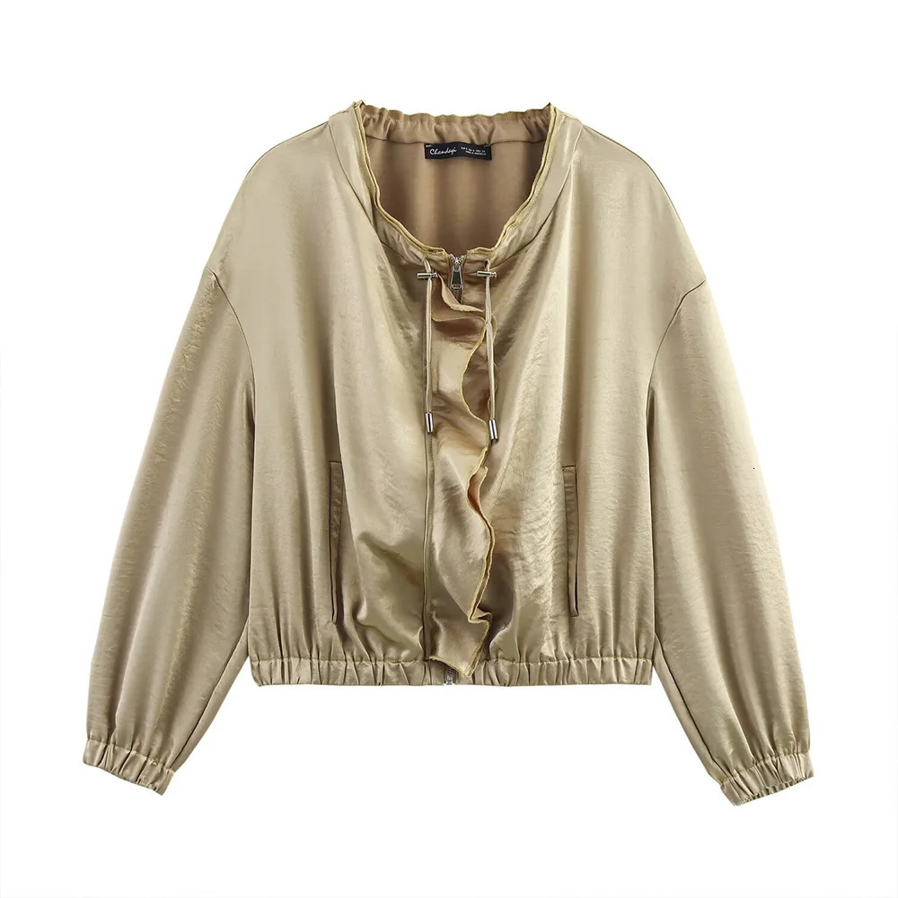 INS Fashion Round Neck Stacked n Long Sleeve Zipper Pocket Womens Loose Pure Silk Texture Jacket ZATT Spring Collection 250407