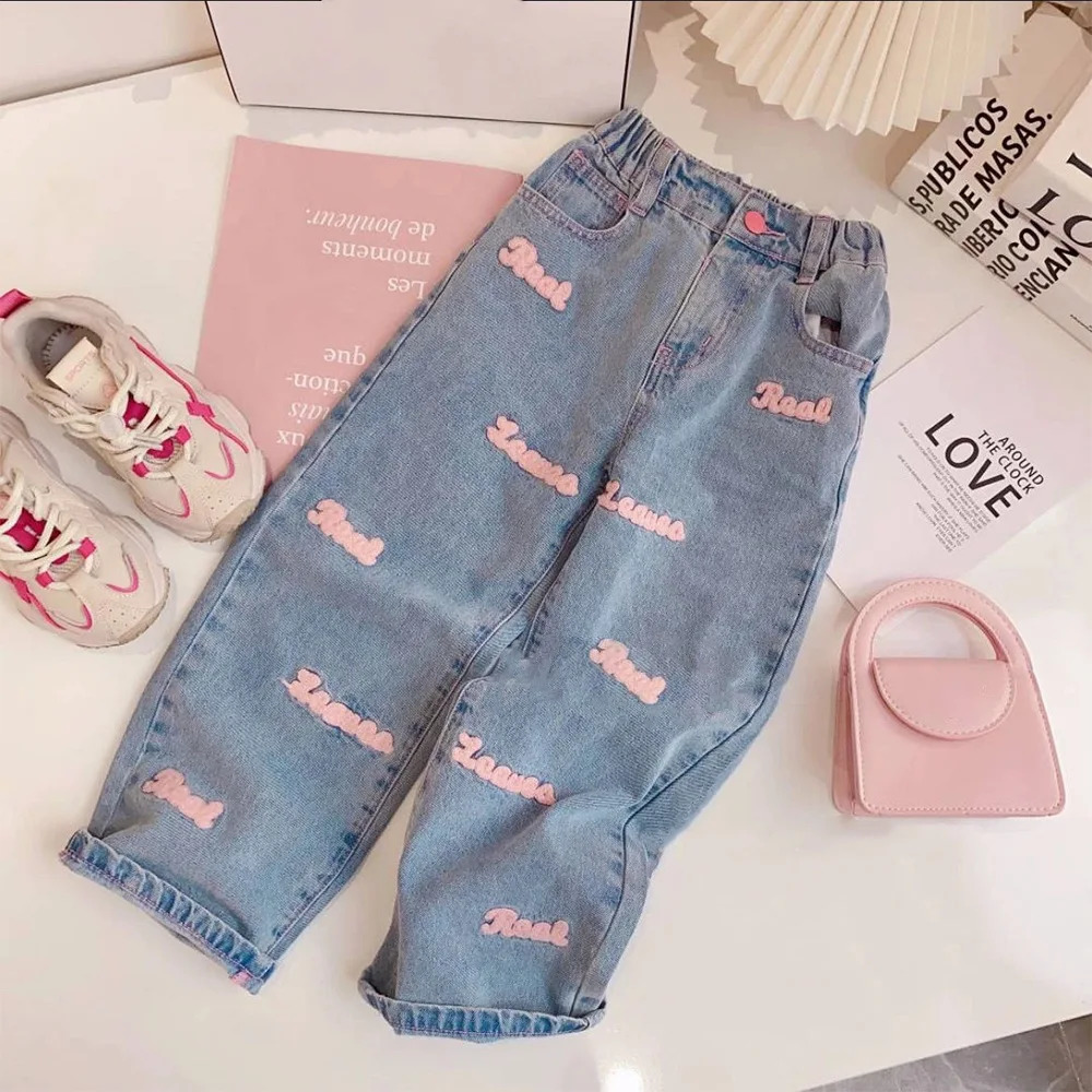 Spring Autumn Girls Clothing Set Solid Color Long Sleeve TopLetter Print Wide Leg Jeans 2Pcs For 4-12Y Kids Fashion Outfit 250407