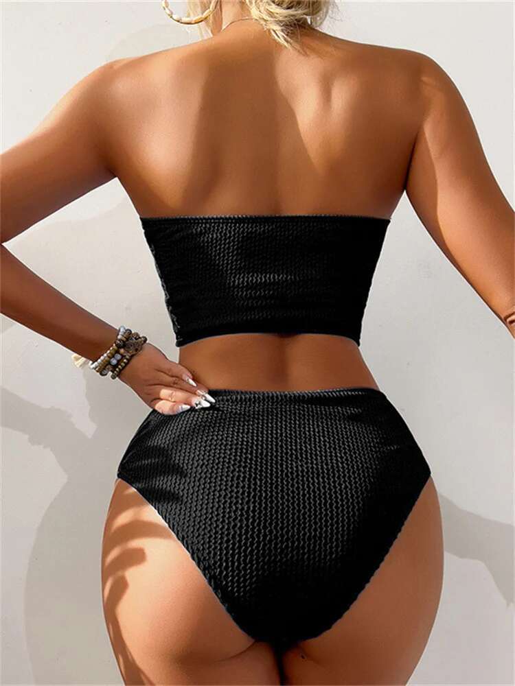 Dongdumaoyi Sexy Bandeau Bikini Mujer Women Black Ribbed Push Up High Waist Swimsuit Summer Beach Bathing Suit Holiday Swimwear Biquini