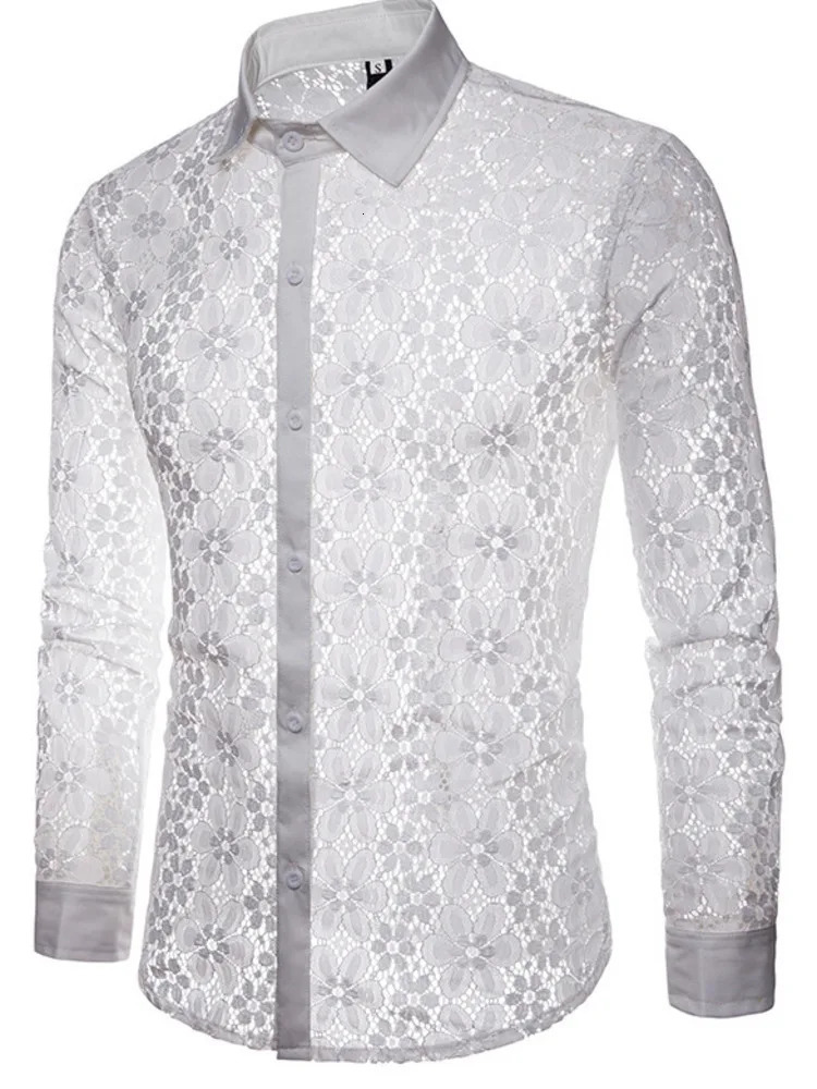 #4626 Black White Lace Mens Shirts Long Sleeve Sexy Thin Hollow Out See Through Clothes Party Night Club Dance Streetwear Shirts 250407