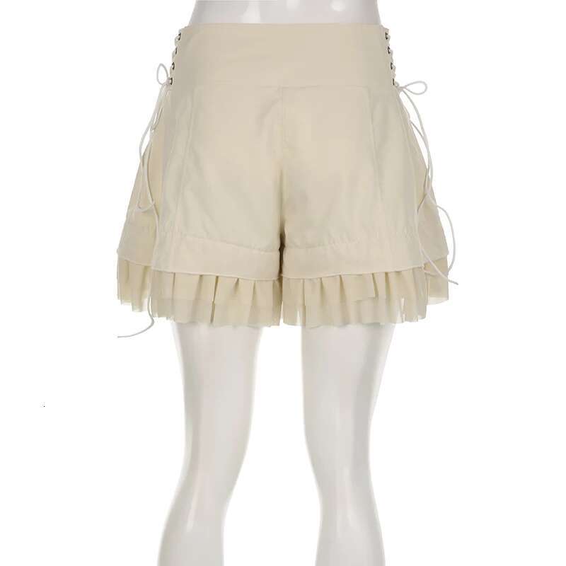 IAMHOTTY Sweet Mesh Tiered Ruffle Skirts Khaki Wide Form Side Bandage Cute Hot Pants Lolita Style Soft Girls Shorts Y2k
