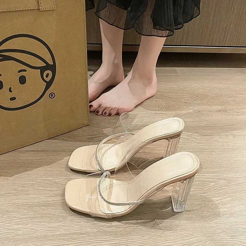 Transparent high-heeled sandals for womens summer crystal shoes square toe thick high-heeled sandals for womens outerwear 2025 new FiatXJ250407