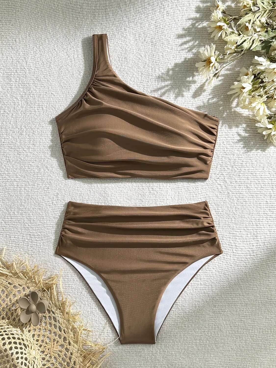 Dongdumaoyi Summer Women S White Black Bikini Set High Waist Pleated Piece Swimsuit Sexy One Shoulder Backless Bathing Suit Swimwear