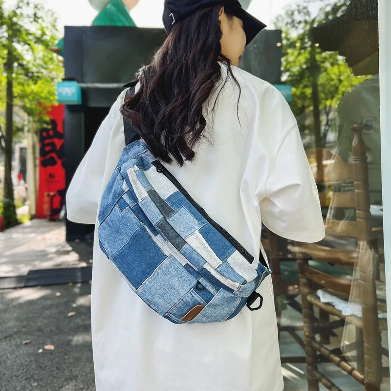 Hip Hop Plaid denim waist bag mens multifunctional waterproof retro luggage outdoor leisure sports cross body bag 250402