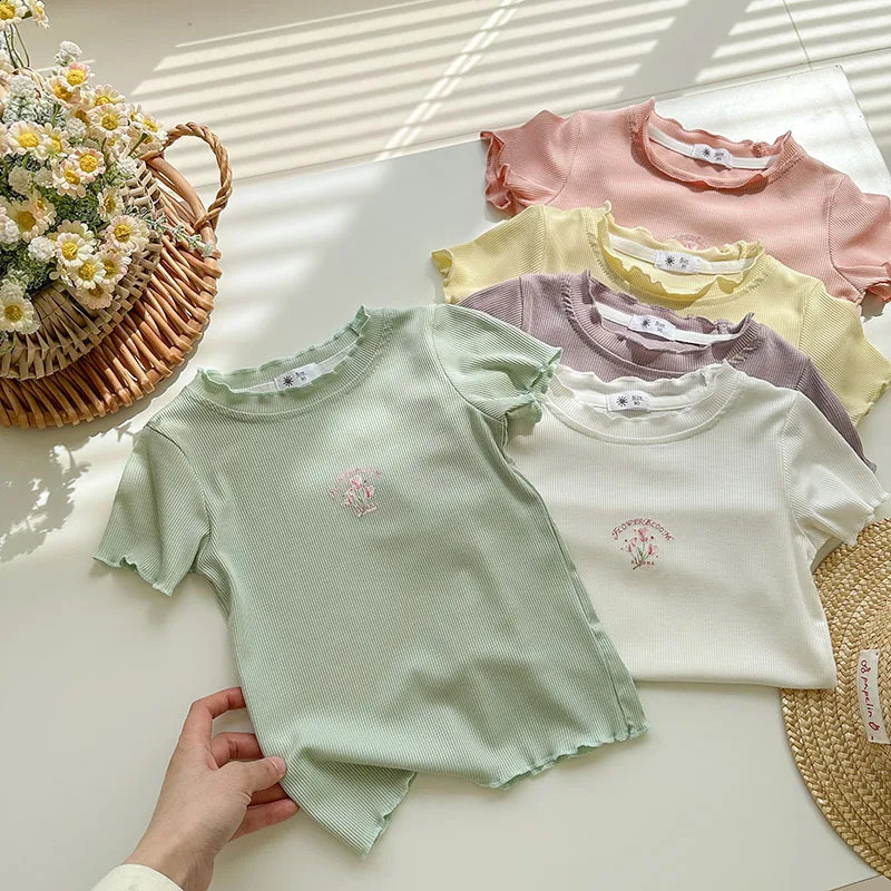 Summer Children Girls Ribbed Short Sleeve T-shirts Cotton Printed Sweet Kids Girls Tops Soft Thin Infant Babys Girls Tees 2-8Yrs 250408