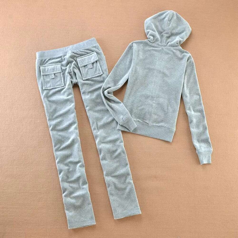 Tracksuit Women Veet Sports Suit 2Pc Thickened Solid Color Hooded Top + Casual Trousers