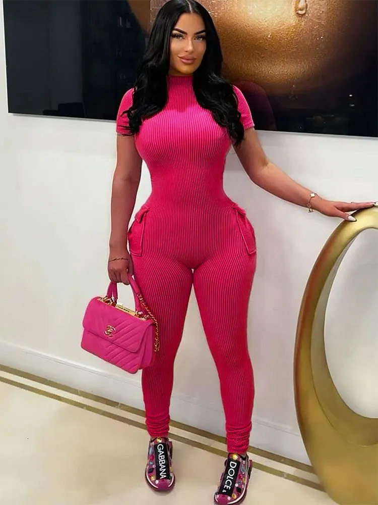 Womens Jumpsuits Sexy Sweet Pink Hollow Out Jumpsuit Streetwear Fashion Pockets Short Sleeve Lady Elegant Rompers Clothing 250407