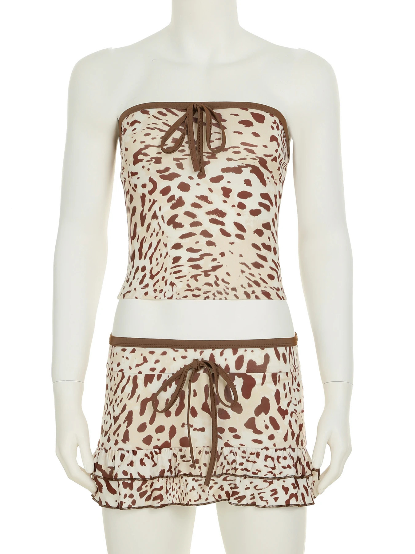 IAMSURE Sexy Leopard Printed Dress Sets Women Holiday Slim Bow 2 Piece Sets Slash Neck Sleeveless Tube Tops Low-Waisted Skirts 250407