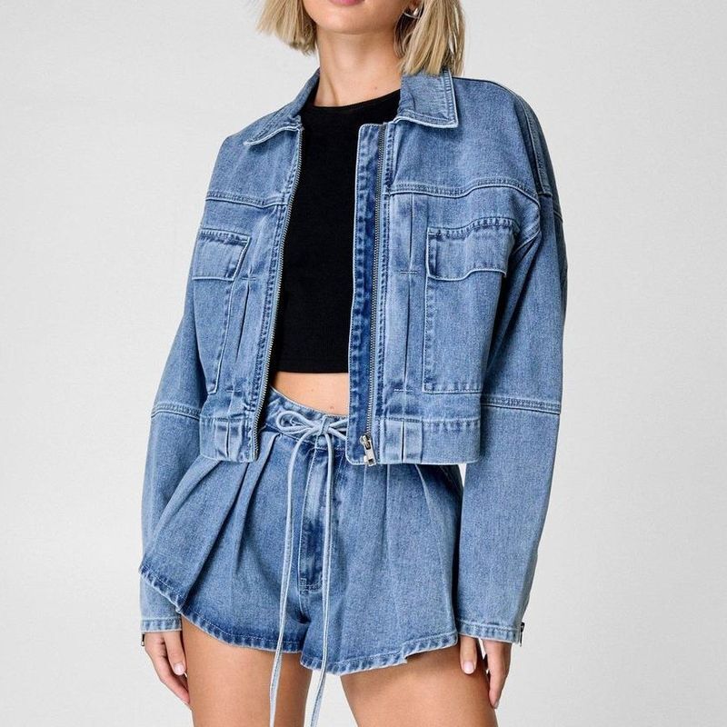 Womens Clothing Spring New Long Sleeve Denim Jacket Women's Loose Casual Multi Pocket Workwear Shorts Set