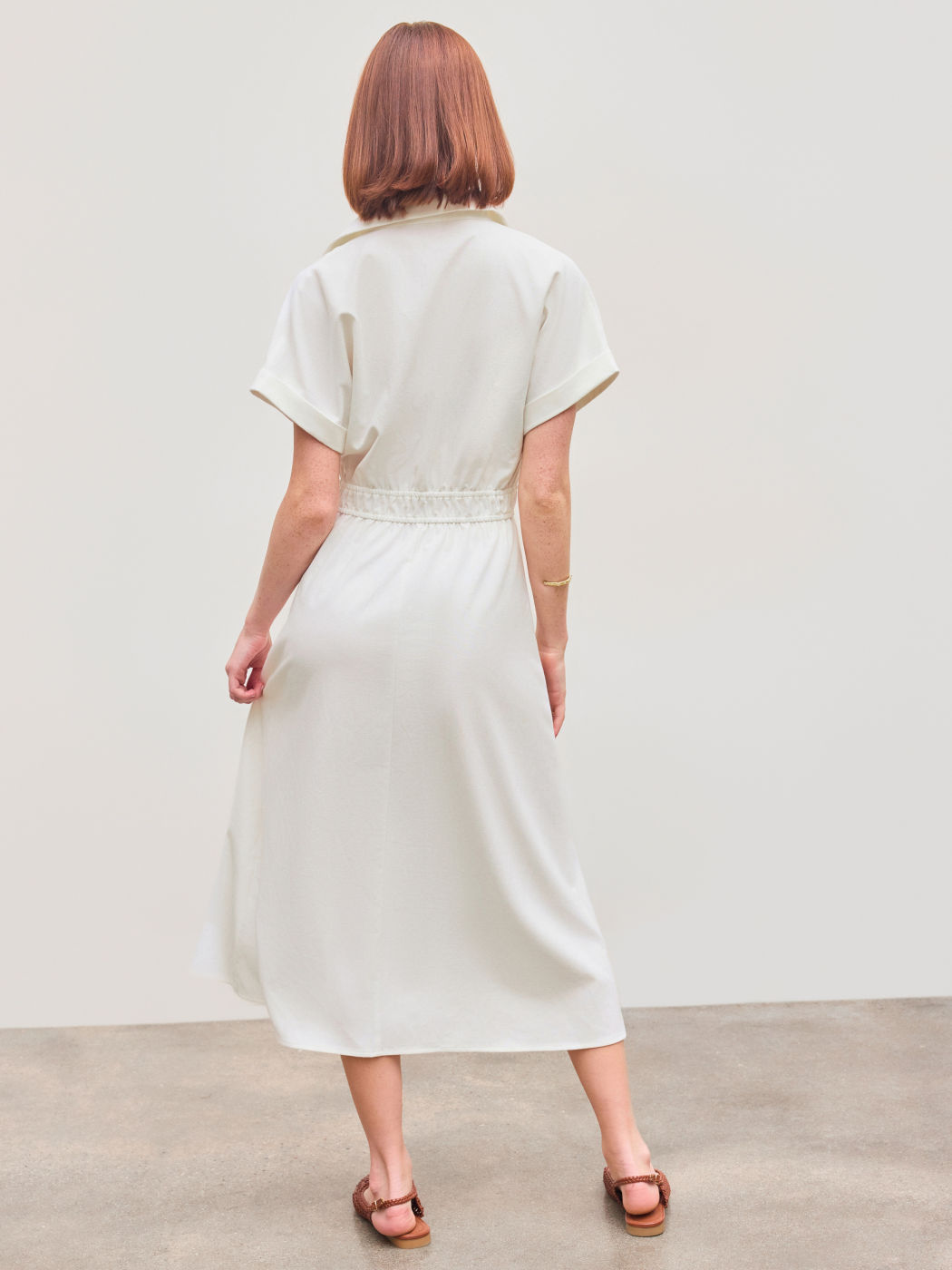 Women's White Button Midi Shirt Dress Linen-blend Collar Solid Shirred Work Dress