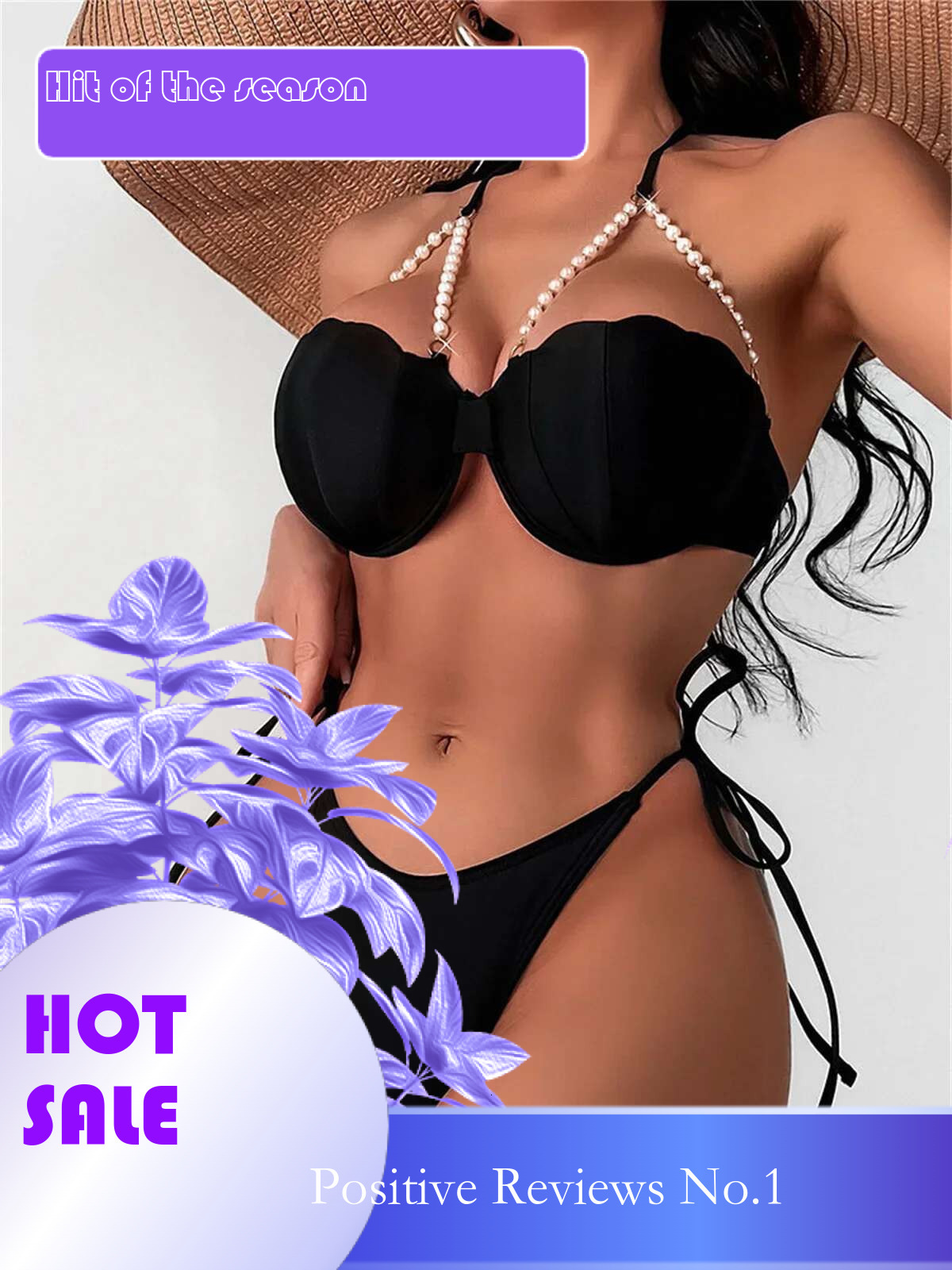 Dongdumaoyi Sexy Shell Shape Underwire Bikini Tie Side Thong Bikinis Swimwear Women Black Pearls Strap Push Up Bathing Suit Swimsuit