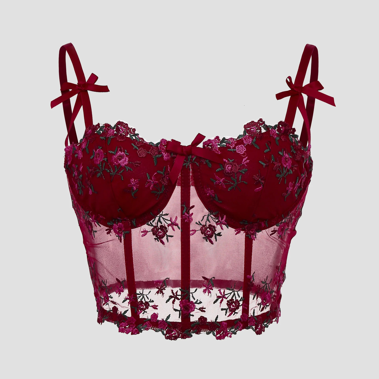 Sexy Lace Floral Embroidery Bow Corset For Women Camisole Sheer Mesh Fishbone Slim Crop Top Wired Bra Camis Festival Lingerie 250407