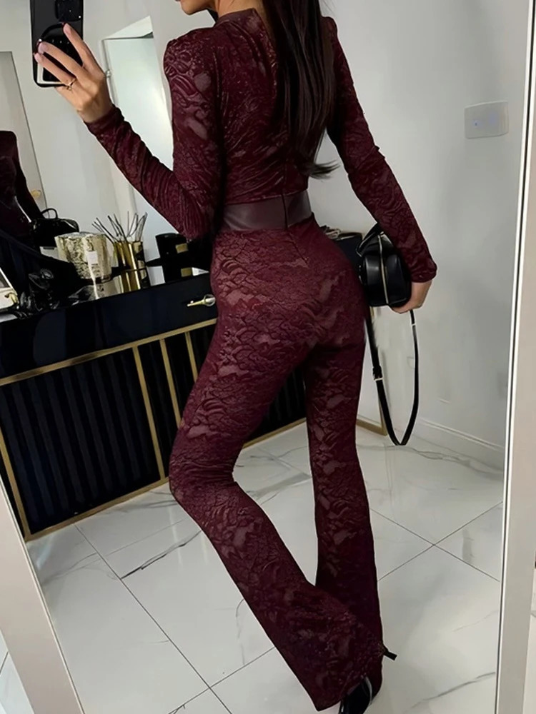 Mozision Lace Print Long Sleeve Jumpsuits Women Overalls Fashion Autumn Winter Two Layer O Neck Slim Fit Sexy Jumpsuits 250407