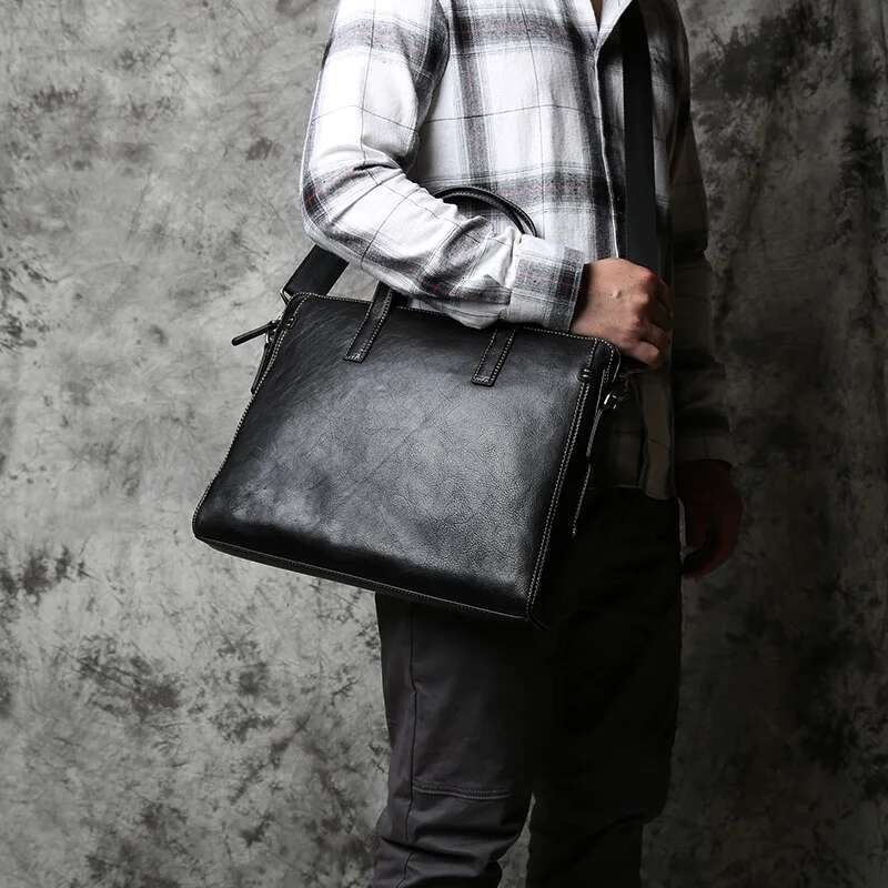 NZPJ Men Leather Handbag First Layer Cowhide Business Computer Large-Capacity One-Shoulder Messenger Bag For 14 Inch Laptop