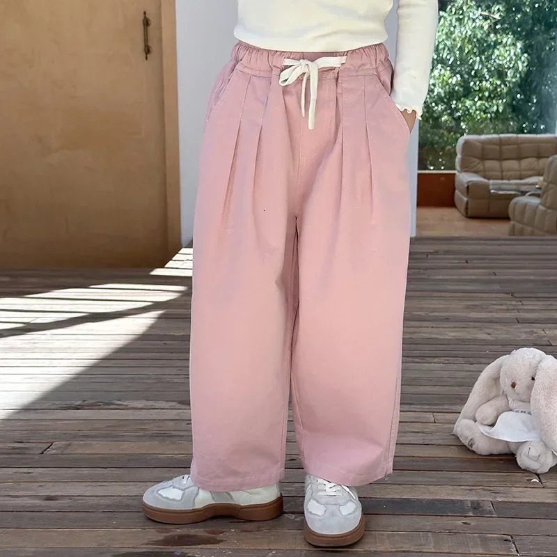 Spring and Autumn Boys and Girls Cotton Knitted Straight Trouser Childrens Soft 3-Color Drawstring Casual Pants 250408