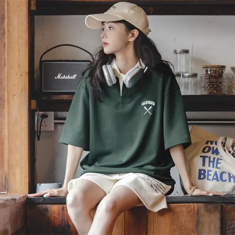 Maden Vintage Lapel College Short Sleeve Polo Shirts for Women Loose Knitted Big Size Golf Tee Summer Casual Cotton T-shirt 250408