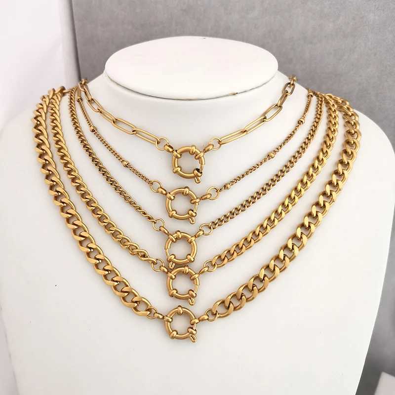 QMHJE Spring Sailor Clasp Necklace Women Men Choker Stainless Steel Geometric Paperclip Link Chain Rolo PVD Gold Color WholesaleC250407