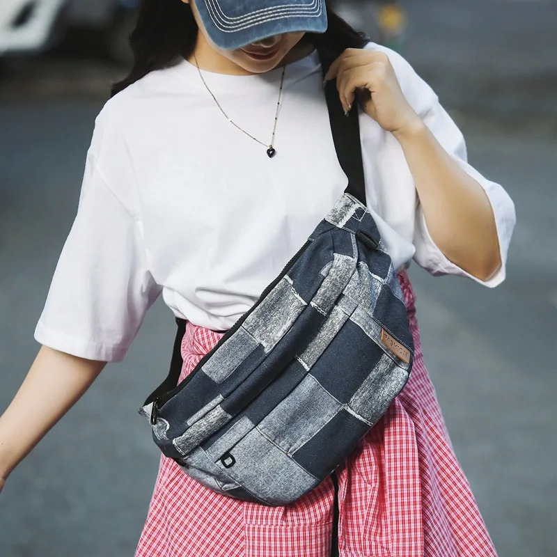 Hip Hop Plaid denim waist bag mens multifunctional waterproof retro luggage outdoor leisure sports cross body bag 250402