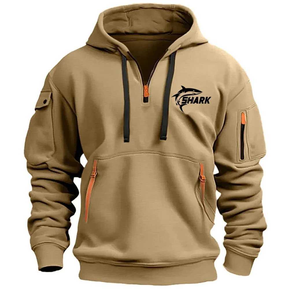 Mens hooded casual sports Pullover retro Harajuku long sleeved zipper multi pocket casual loose jacket streetwear W250408