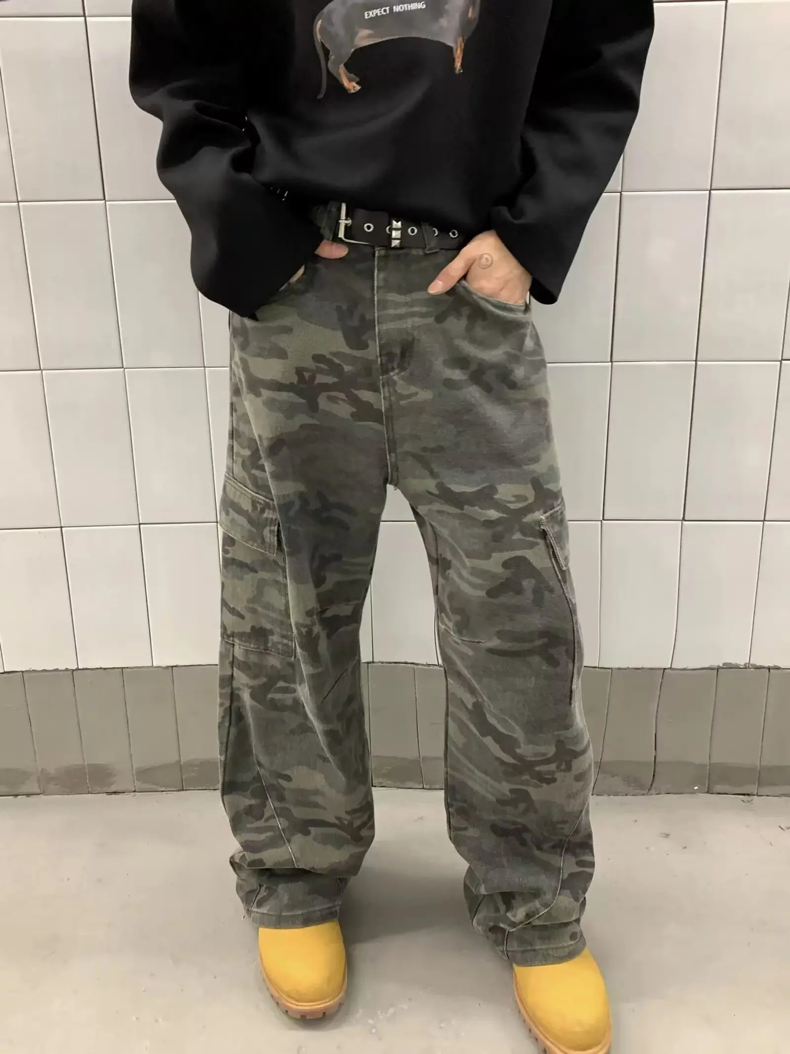 Military green womens jeans high waisted retro straight pocket hiphop American fashion wide leg denim Trouser 250407