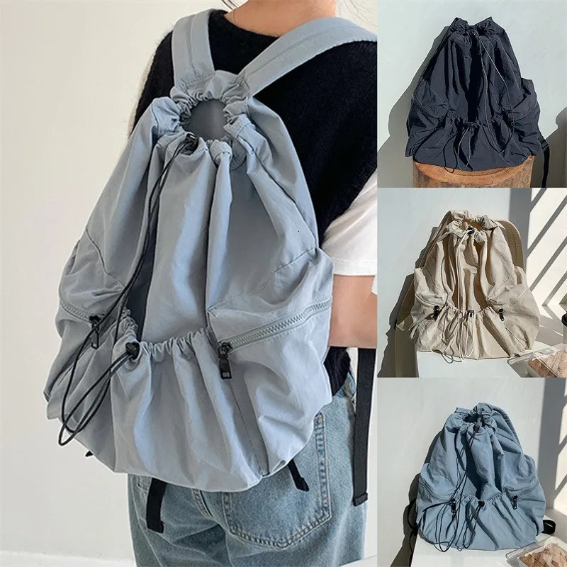 Ruched Drawsting Backpacks For Women Casual Nylon Lady Backpacks Light Weight Students Bag Large Capacity Travel Sac 250408