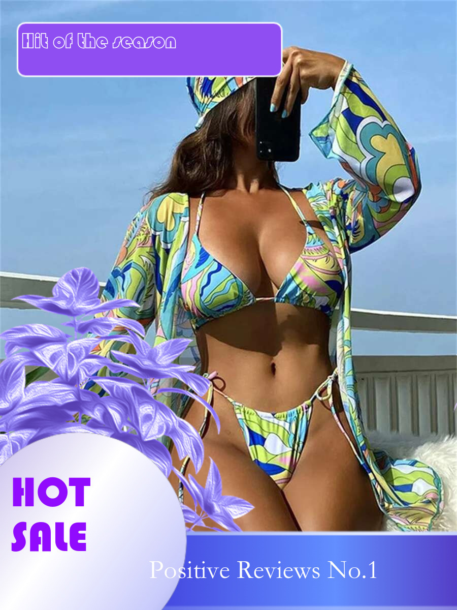 Dongdumaoyi Vintage Green Leaves Print Piece Bikini Set Women Long Sleeve Cover Up Swimsuit Sexy Push Bathing Suit Thong Swimwear