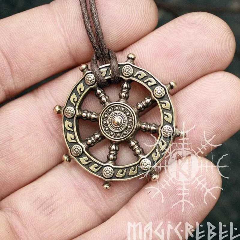 Dharma Pendant Wheel of Life Samsara Bronze Amulet Buddhist Tsman Necklace for Women Men Dharmachakra Necklace BuddhismC250407