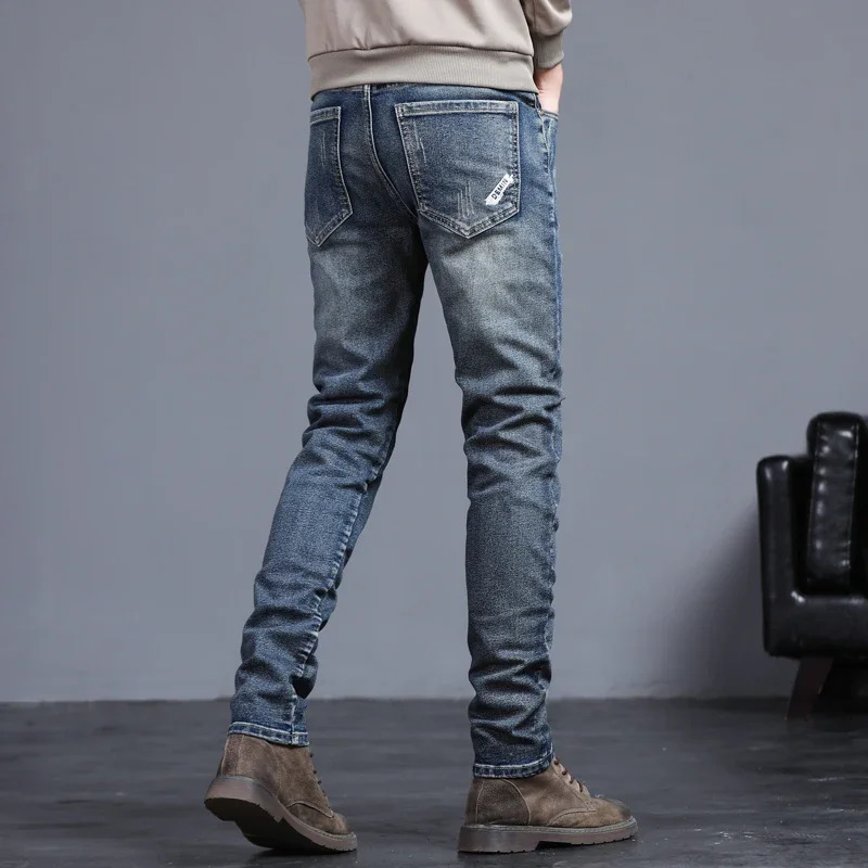 mens retro jeans Korean fashion ultrathin small feet embroidery streetwear 250401