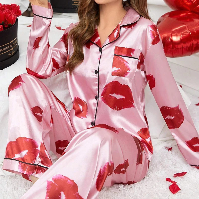 Red Lip Print Satin Pajama Set Autumn Casual Long Sleeve Button Up Lapel Collar Top Pants Sleepwear Loungewear Pyjama Femme 250408
