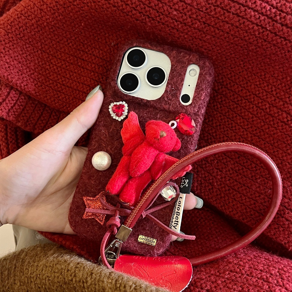 Rhinestone Plush Bear Cartoon Phone Case Compatible with iPhone 17/16 Pro Solid Color Lanyard Case iPhone 15 Niche 14