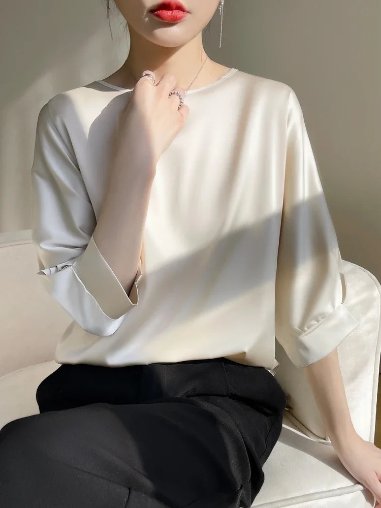 Summer T-shirt Top Womens O-neck Artificial Silk Satin Thin Smooth T-shirt Batwing Silky Crewneck Blouses Basic Y2k T-shirt Za 250402