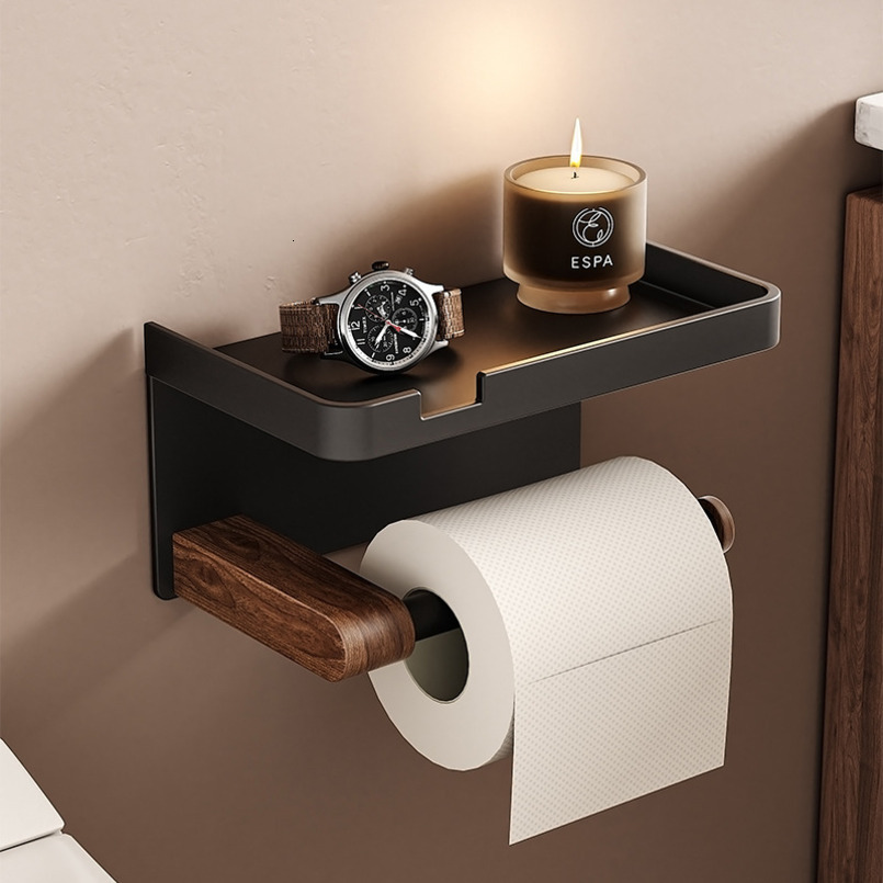 Walnut Wood Tissue Box No-Drill Bathroom Washroom Facial Towel Storage Toilet Roll Paper Holder