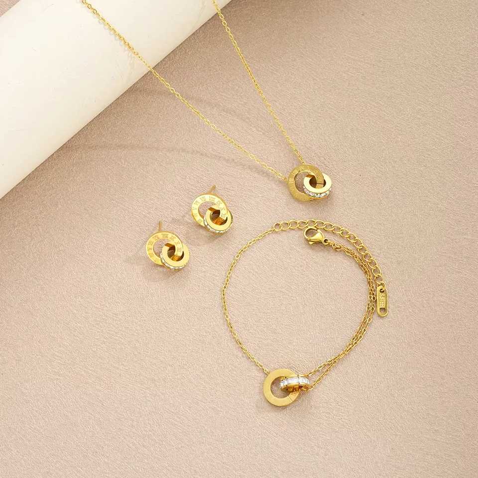 4-piece/set stainless steel crystal necklace bracelet earrings suitable for women gold interlocking ring Roman numeral jewelry set Y250408
