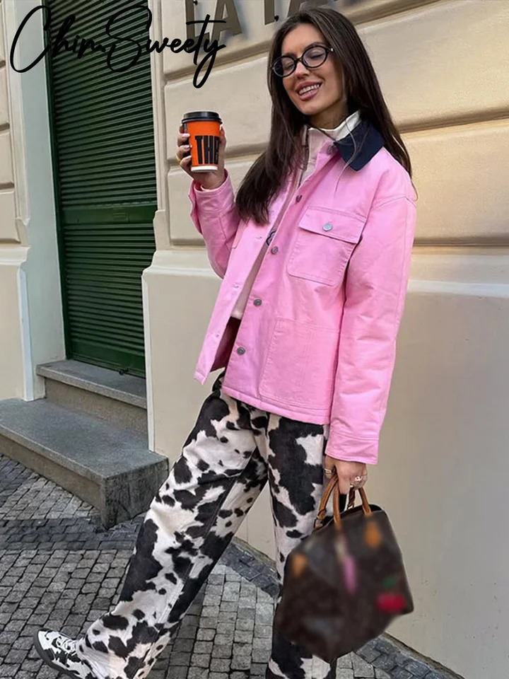 Casual pink womens coat patch work long sleeved pocket lapel jacket springsummer fashion 250407