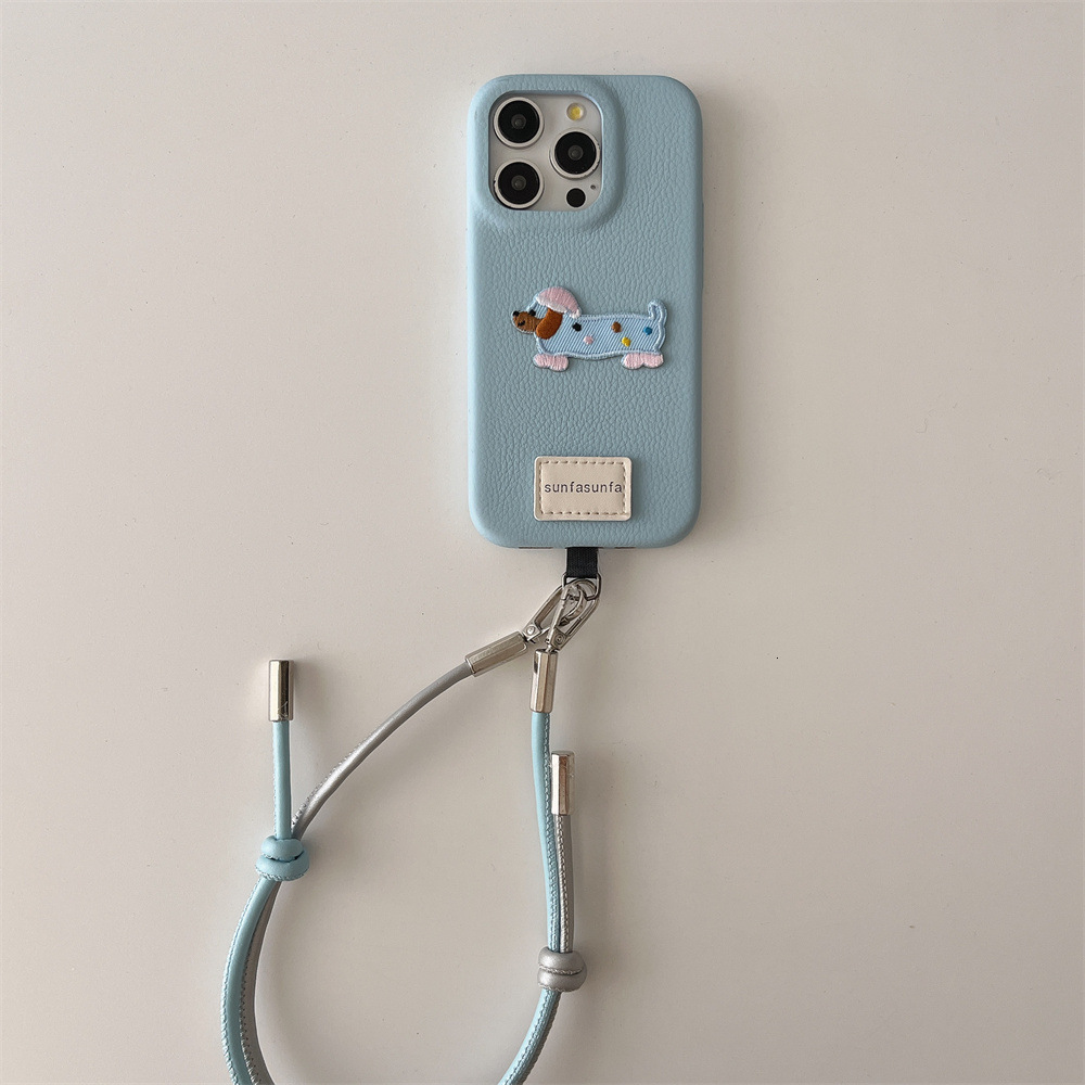INS Embroidered Two-tone Lanyard Phone Case Compatible with iPhone 17/16/15 Niche Leather Case iPhone 14/13 Pro