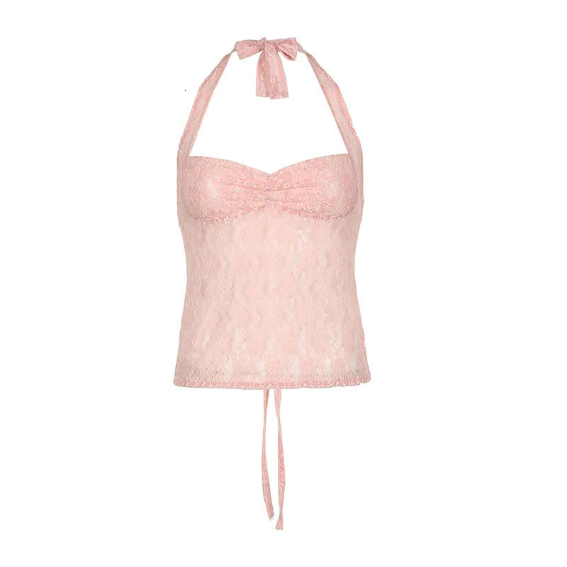 SUCHCUTE Sexy Clubwear Transparent Vest Bandage Halter Y2K Crop Tops Retro Lace Sheer Mesh Backless Camisoles Going Out Clothes 250407