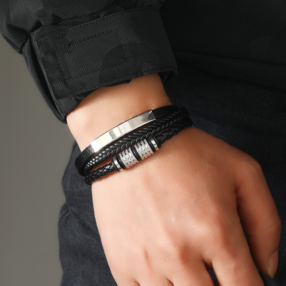 Men's high-end trendy multi-layer leather bracelet, stainless steel accessory