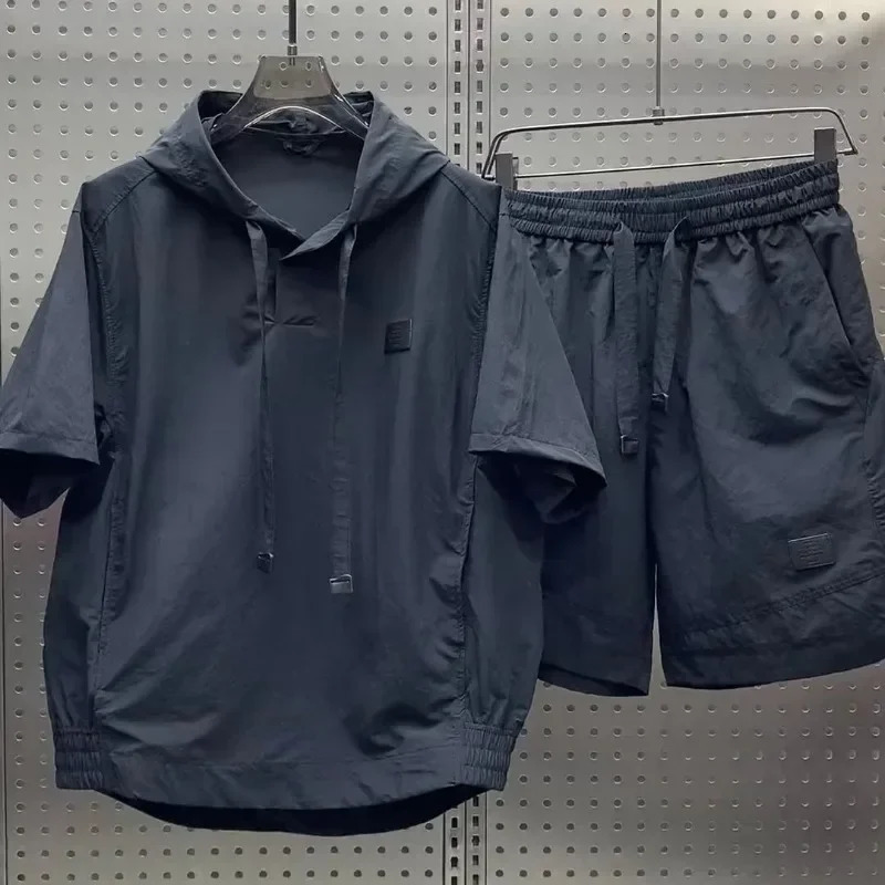 Mens Loose Light Breathable T-shirt Shorts Set Cargo Style Pocket Fashion Casual Sport Hoodies Short Sleeve Shorts Two-piece 250407