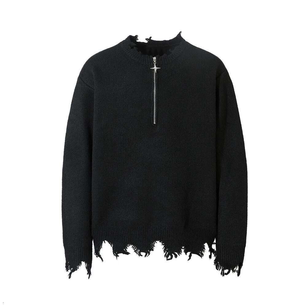 Raw Edge Knitted Sweater Mens Half Zipper Autumn Winter Loose High Street Long Sleeve Pullover Men