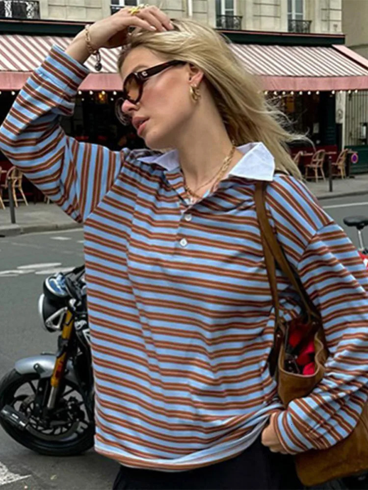 Fashion Stripe Printed Polo Shirts Women Long Sleeves Turn Down Collar Loose Short Blouses 2025 Spring Casual Street Outfits 250408