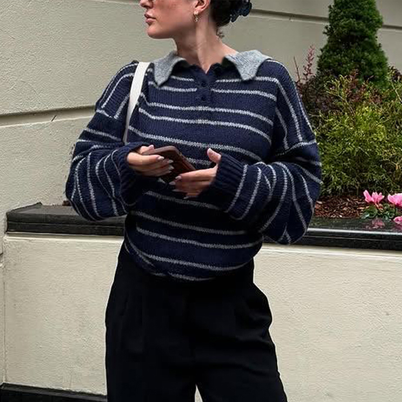 Women's Long Sleeve Clashing Stripe Sweater, POLO neck drop shoulder loose top, Street Fashion Vacationwinter clothes for women, herbst kleidung 