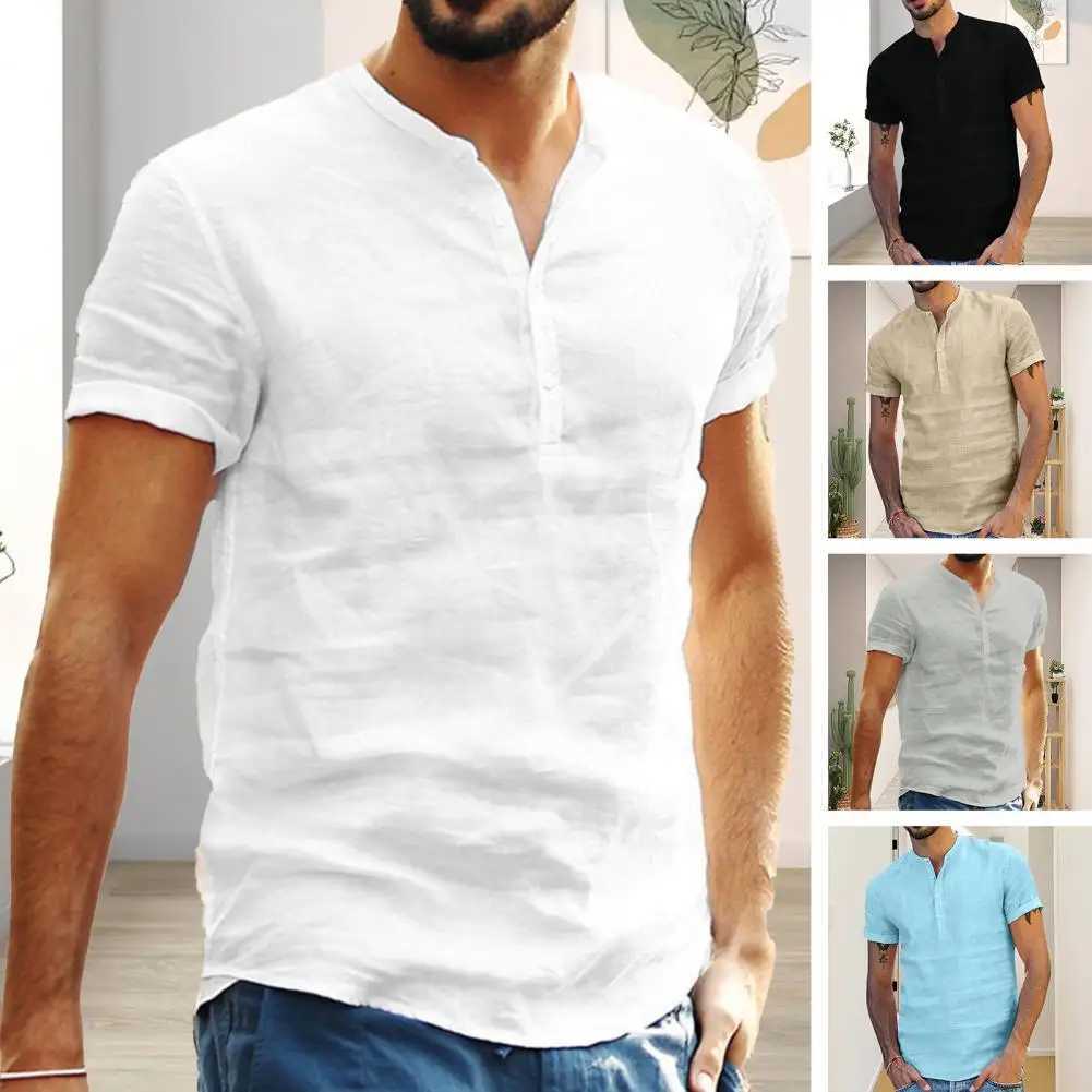 Summer new mens solid color short sleeved T-shirt cotton linen LED casual mens T-shirt mens breathable topXJ250407