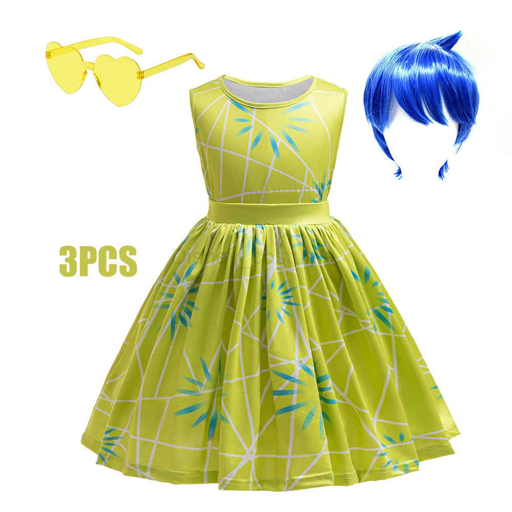 Disney 3PCS Full Printing Green Dress for Kids Girl Cosplay Dress+Scarf +Belt Disgust Costume Halloween Disguise Party Joy Clothing X250408
