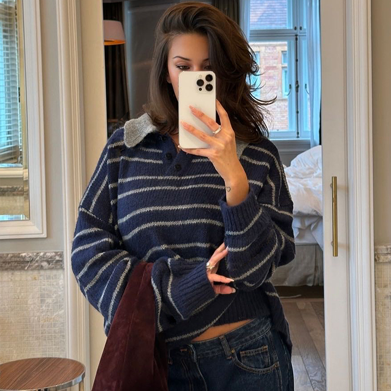 Women's Long Sleeve Clashing Stripe Sweater, POLO neck drop shoulder loose top, Street Fashion Vacationwinter clothes for women, herbst kleidung 