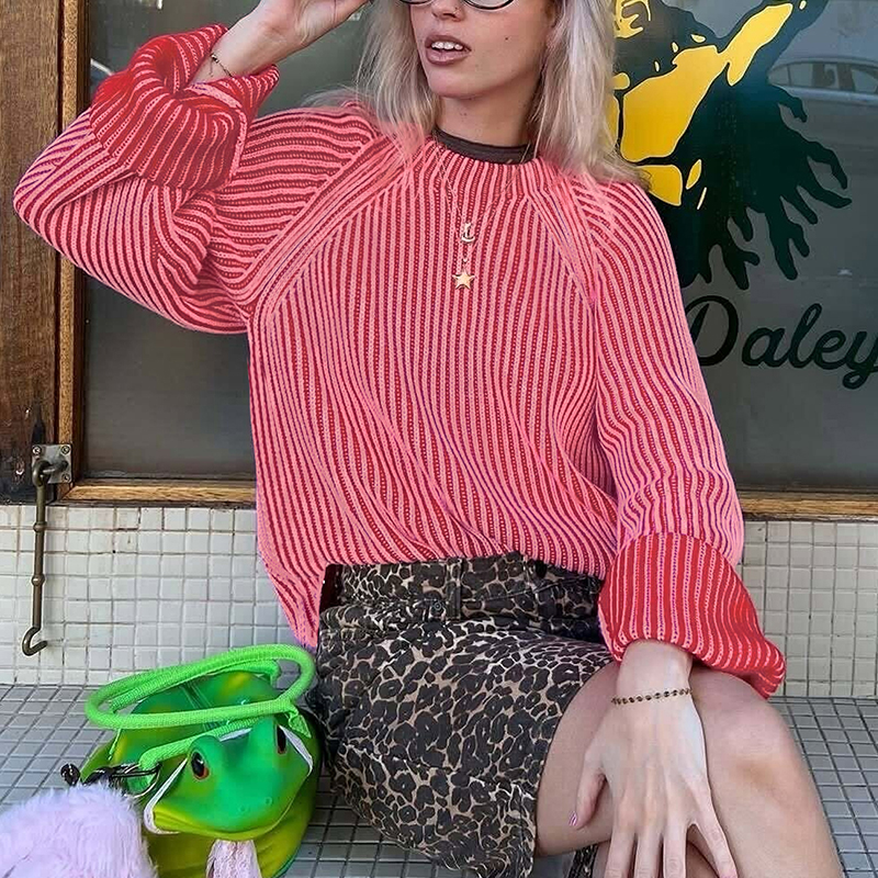 Fall clothes for women, women's two-tone design sweater, loose huge round neck casual comfortable and versatile pullover top, Valentine's Da