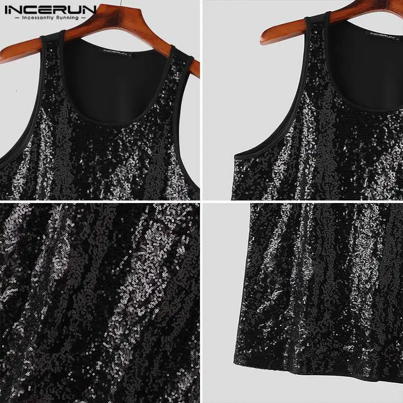 INCERUN Mens Tank Top Sparkling O-Neck Sleeveless Casual Mens Street Dress Summer Fashion Party Mens Wear 250402